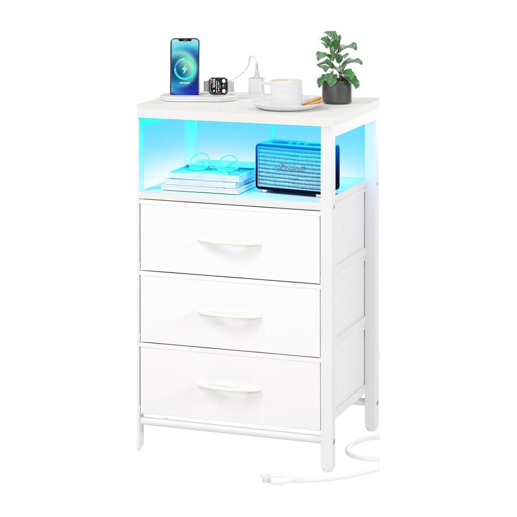 Yoobure Night Stand with Charging Station, 16 Colors LED Nightstand with USB Ports and Outlets, End Table with 3 Fabric Drawers and Storage Shelf, Bedside Tables Small Dresser for Small Space White